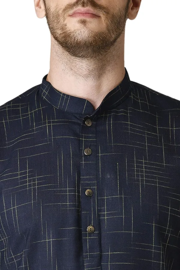 Navy_Blue_Cotton_Yellow_Full_Sleeve_Regular_Checks_Kurta_For_Men