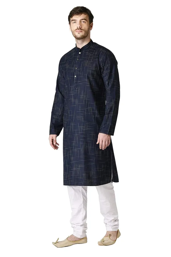 Navy_Blue_Cotton_Yellow_Full_Sleeve_Regular_Checks_Kurta_For_Men