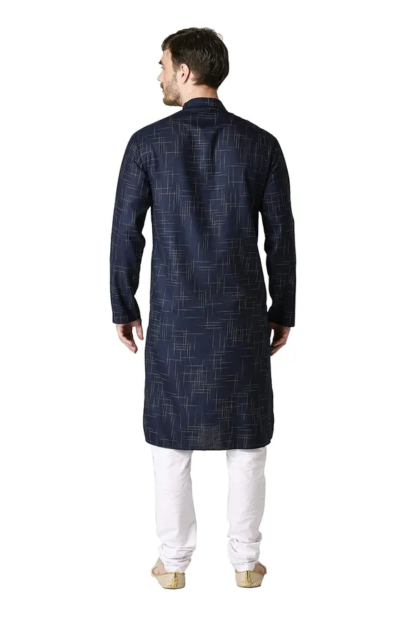 Navy_Blue_Cotton_Yellow_Full_Sleeve_Regular_Checks_Kurta_For_Men