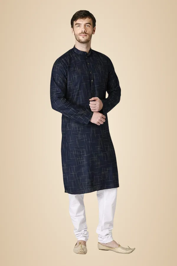Navy_Blue_Cotton_Yellow_Full_Sleeve_Regular_Checks_Kurta_For_Men