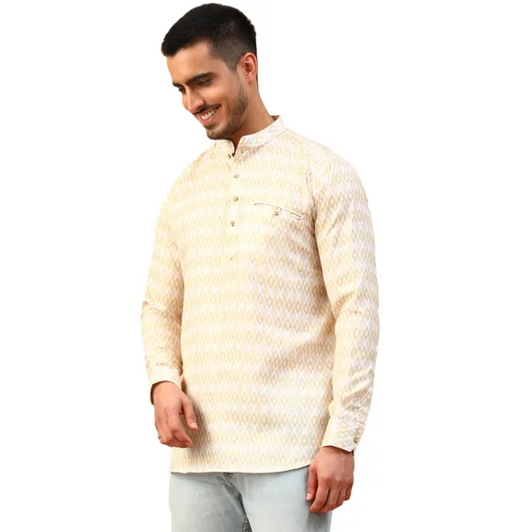 Yellow_Cotton_Full_Sleeve_Regular_Fit_Printed_Short_Kurta_For_Men