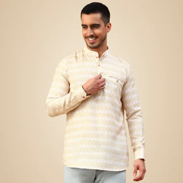 Yellow_Cotton_Full_Sleeve_Regular_Fit_Printed_Short_Kurta_For_Men