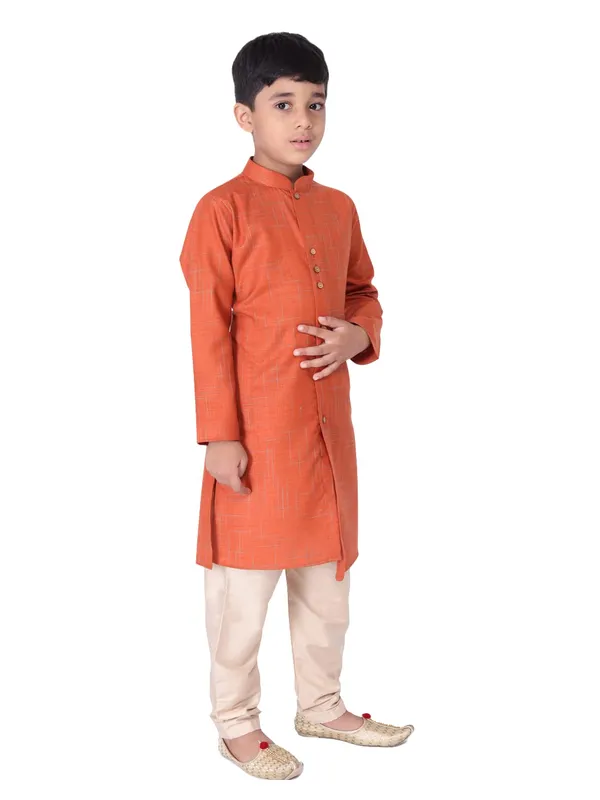 Orange_Cotton_Full_Sleeve_Regular_Fit_Printed_Kurta_Churidar_For_Kids