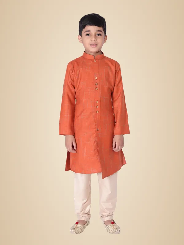 Orange_Cotton_Full_Sleeve_Regular_Fit_Printed_Kurta_Churidar_For_Kids