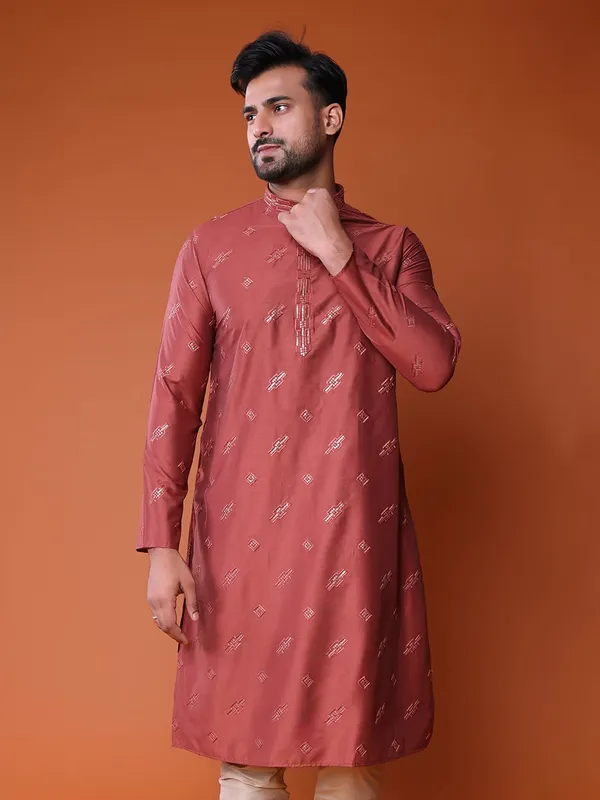 Orange_&_Beige_Cotton_Embroidery_Full_Sleeves_Regular_Kurta_Set_For_Men
