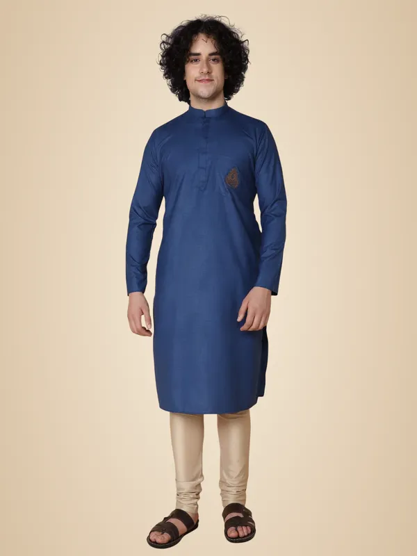 Blue_Cotton_Full_Sleeve_Regular_Embroidery_Kurta_Churidar_Set_For_Men