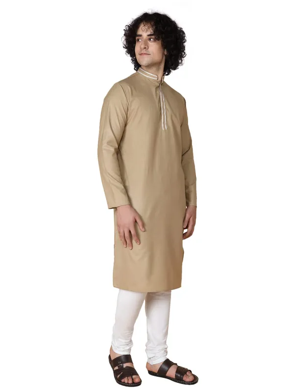 Beige_Cotton_Full_Sleeve_Regular_Fit_Plain_Kurta_For_Men