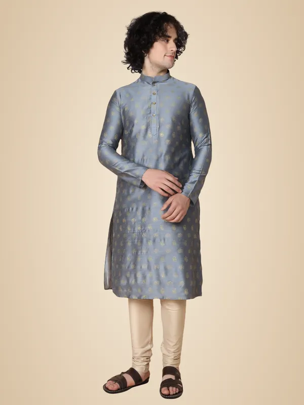 Grey_Cotton_Full_Sleeve_Regular_Fit_Printed_Kurta_For_Men