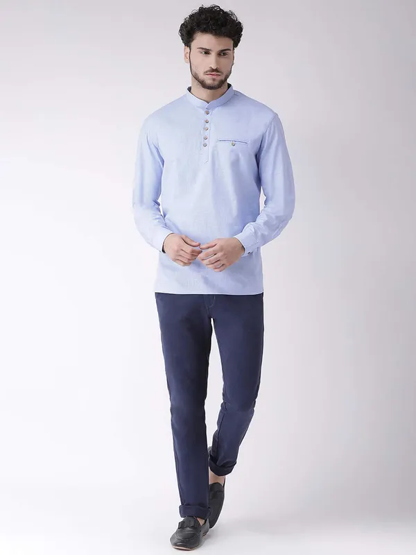 Blue_Cotton_White_Full_Sleeve_Regular_Fit_Plain_Short_Kurta_For_Men