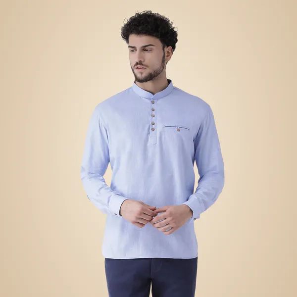 Blue_Cotton_White_Full_Sleeve_Regular_Fit_Plain_Short_Kurta_For_Men