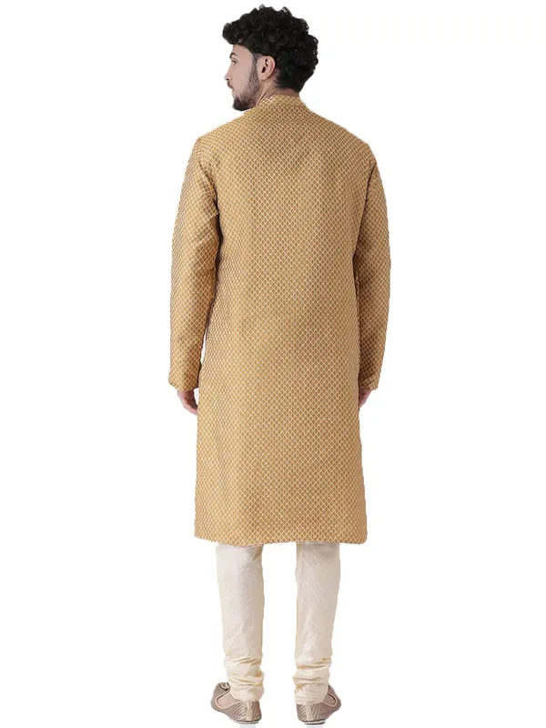 Yellow_Jacquard_White_Full_Sleeve_Regular_Fit_Printed_Kurta_For_Men