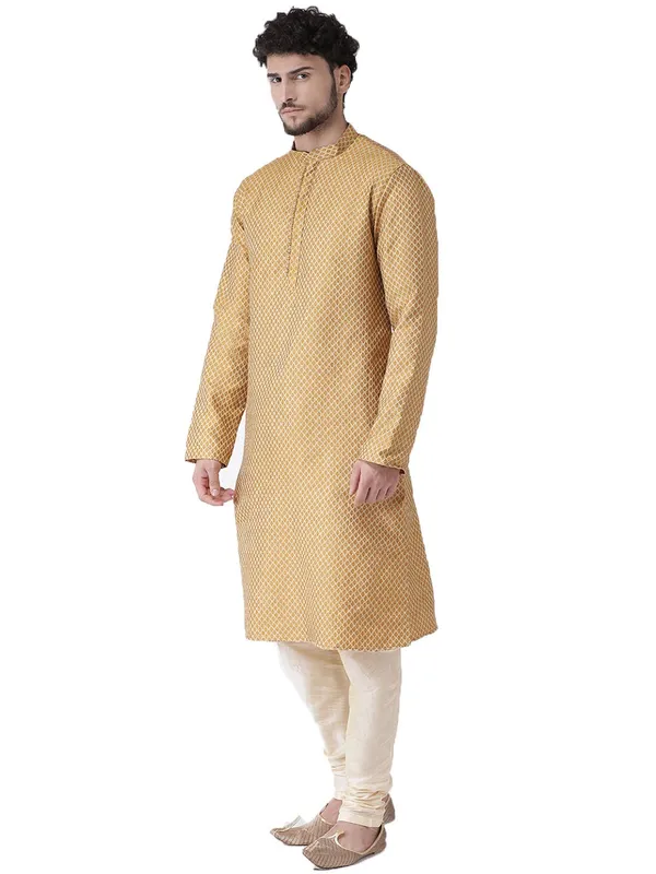 Yellow_Jacquard_White_Full_Sleeve_Regular_Fit_Printed_Kurta_For_Men