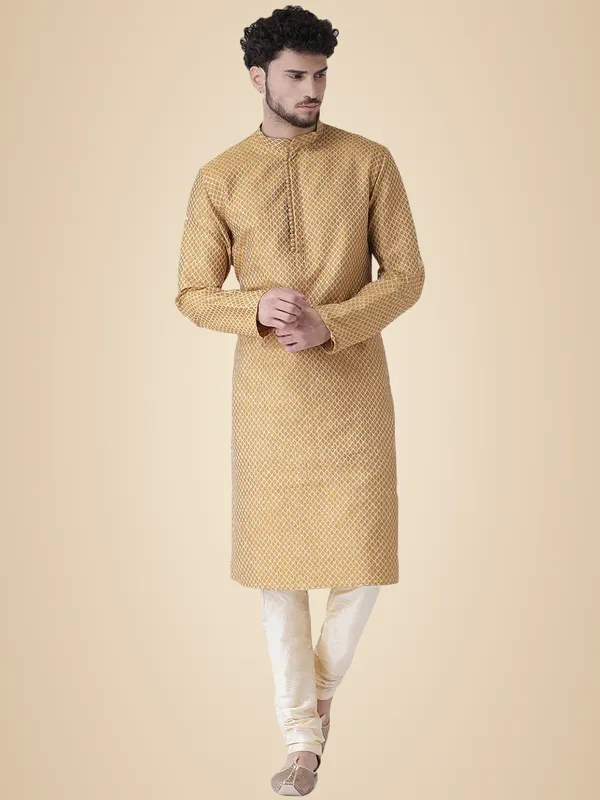 Yellow_Jacquard_White_Full_Sleeve_Regular_Fit_Printed_Kurta_For_Men