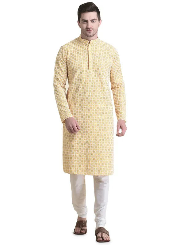 Yellow_Cotton_Full_Sleeve_Regular_Fit_Chikankari_Embroidery_Kurta_For_Men