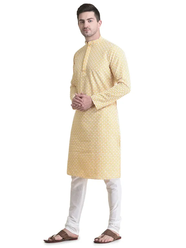 Yellow_Cotton_Full_Sleeve_Regular_Fit_Chikankari_Embroidery_Kurta_For_Men