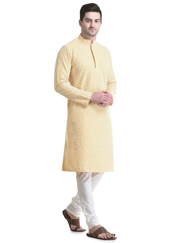 Yellow_Cotton_Full_Sleeve_Regular_Fit_Chikankari_Embroidery_Kurta_For_Men