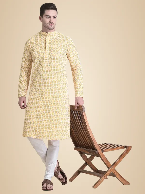 Yellow_Cotton_Full_Sleeve_Regular_Fit_Chikankari_Embroidery_Kurta_For_Men
