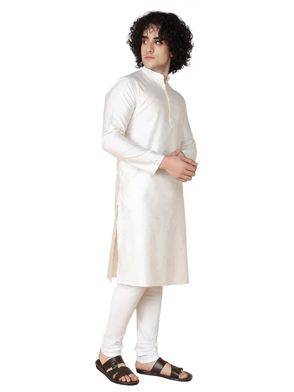 White_Cotton_White_Full_Sleeves_Regular_Dobby_Kurta_Churidar_Set_For_Men