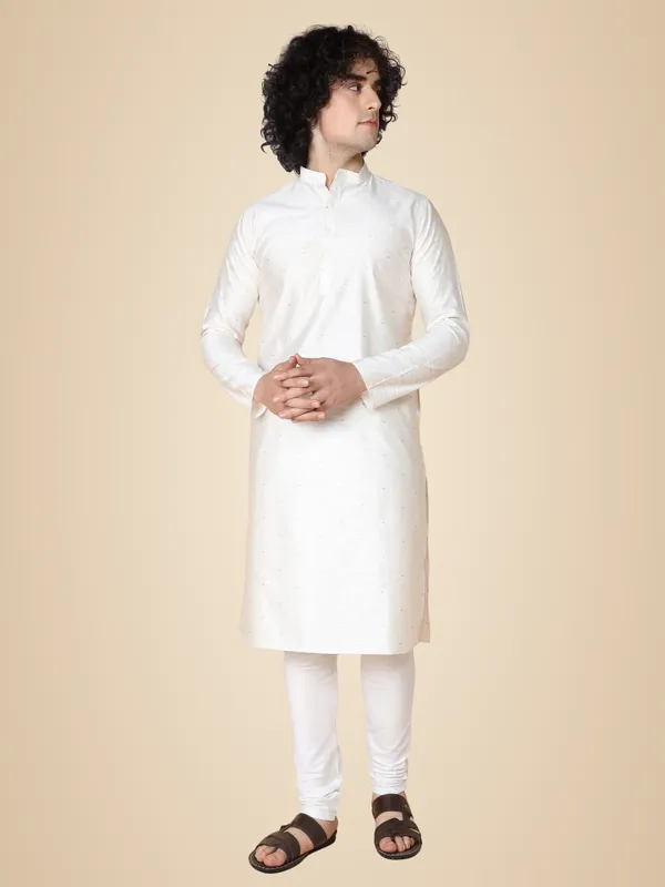 White_Cotton_White_Full_Sleeves_Regular_Dobby_Kurta_Churidar_Set_For_Men