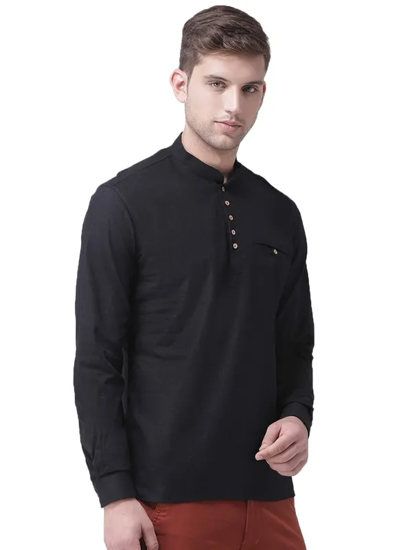 Black_Cotton_White_Full_Sleeve_Regular_Fit_Plain_Short_Kurta_For_Men