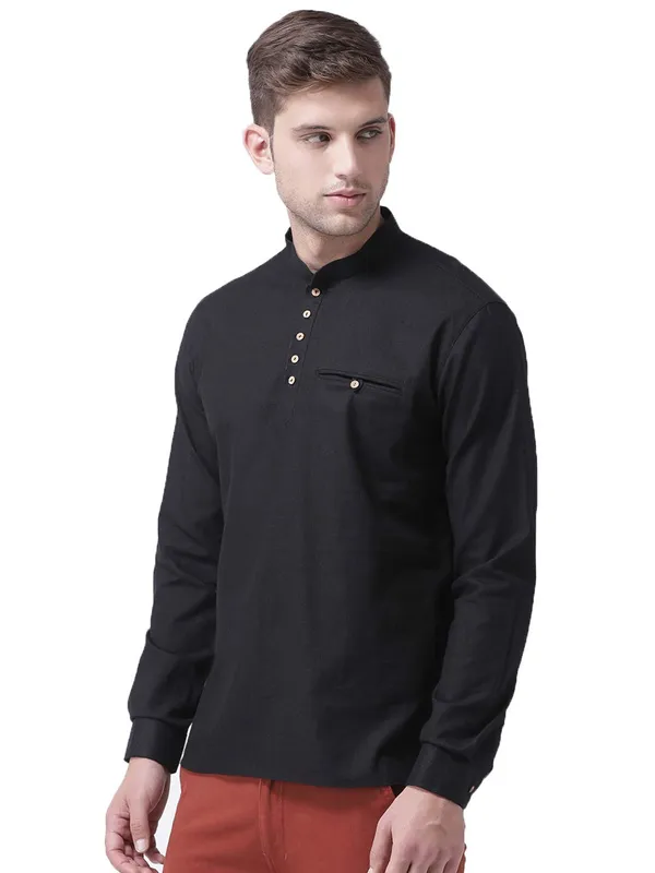 Black_Cotton_White_Full_Sleeve_Regular_Fit_Plain_Short_Kurta_For_Men