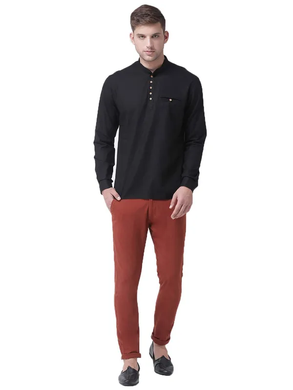 Black_Cotton_White_Full_Sleeve_Regular_Fit_Plain_Short_Kurta_For_Men