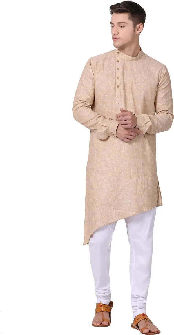 Tabard_Men_Self_Design_Asymmetric_Kurta_(Beige)