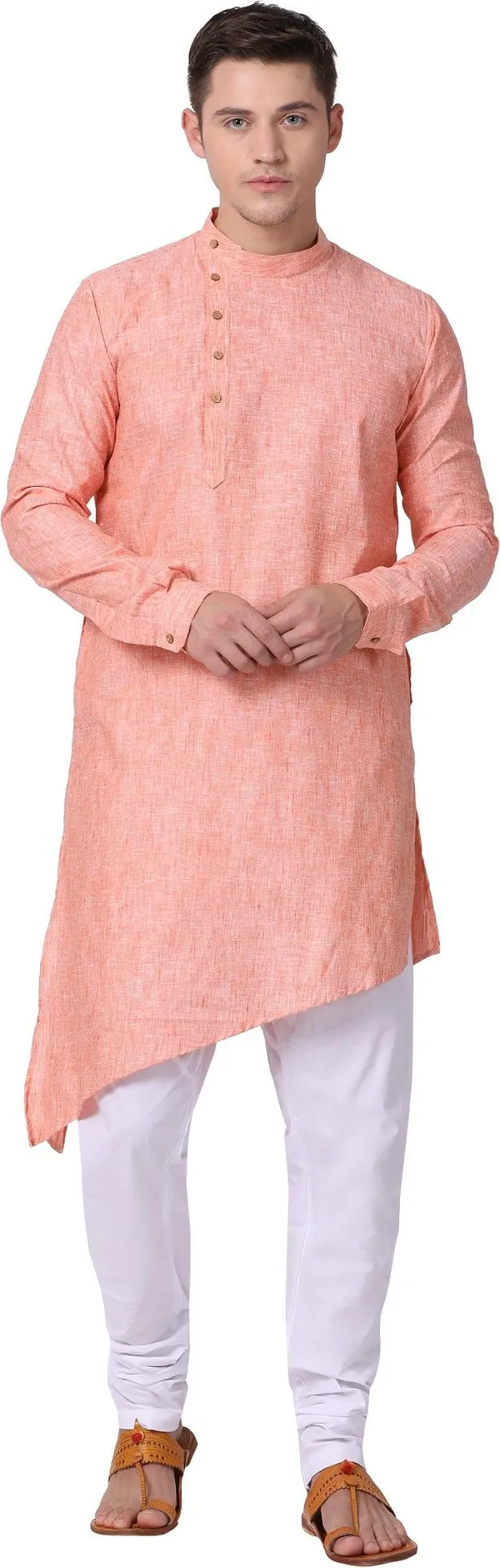 Tabard_Men_Self_Design_Asymmetric_Kurta_(Orange)