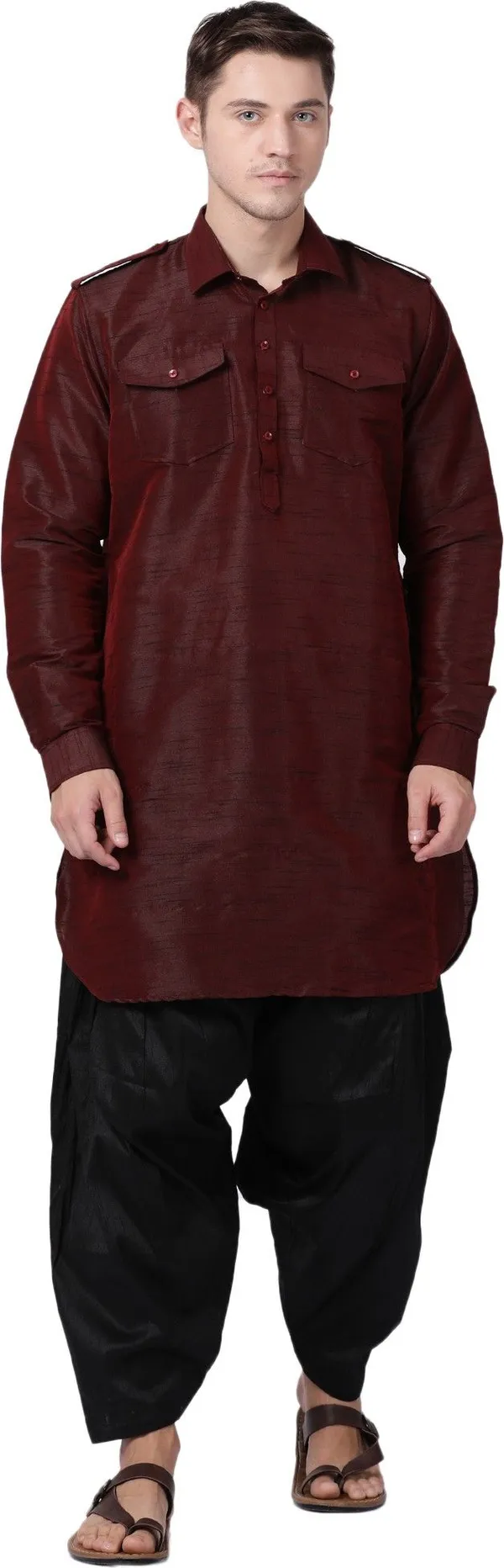 Tabard_Men_Self_Design_Pathani_Kurta_(Maroon)