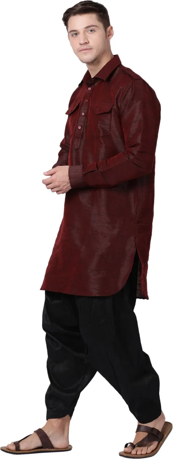 Tabard_Men_Self_Design_Pathani_Kurta_(Maroon)