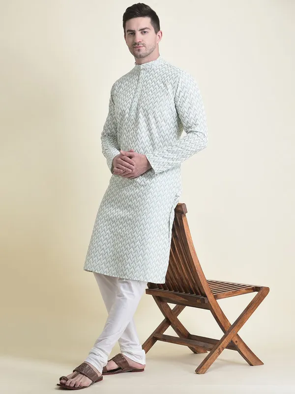 Tabard_Men_Chikan_Embroidery_Straight_Kurta_(Light_Green)