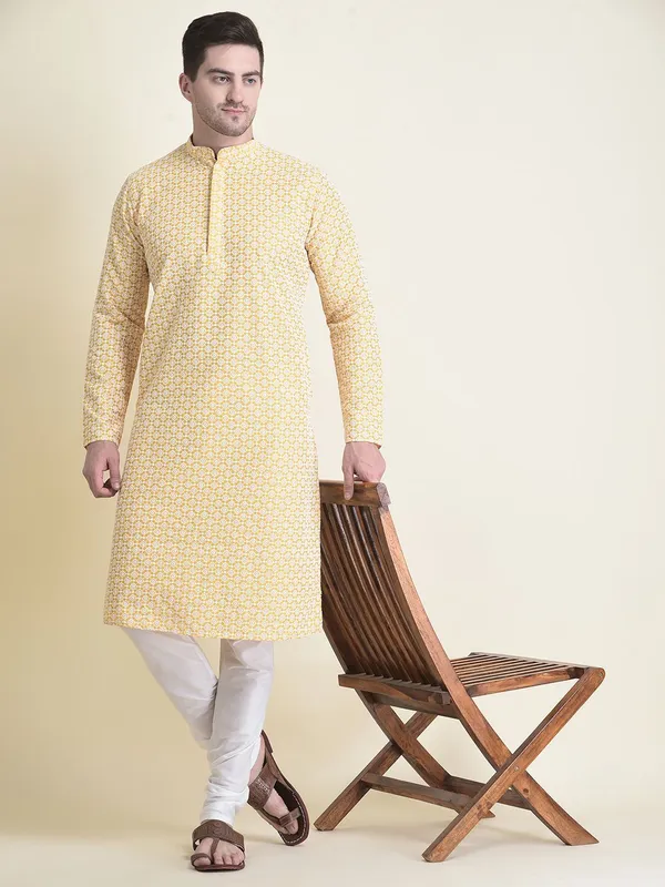 Tabard_Men_Chikan_Embroidery_Straight_Kurta_(Yellow)