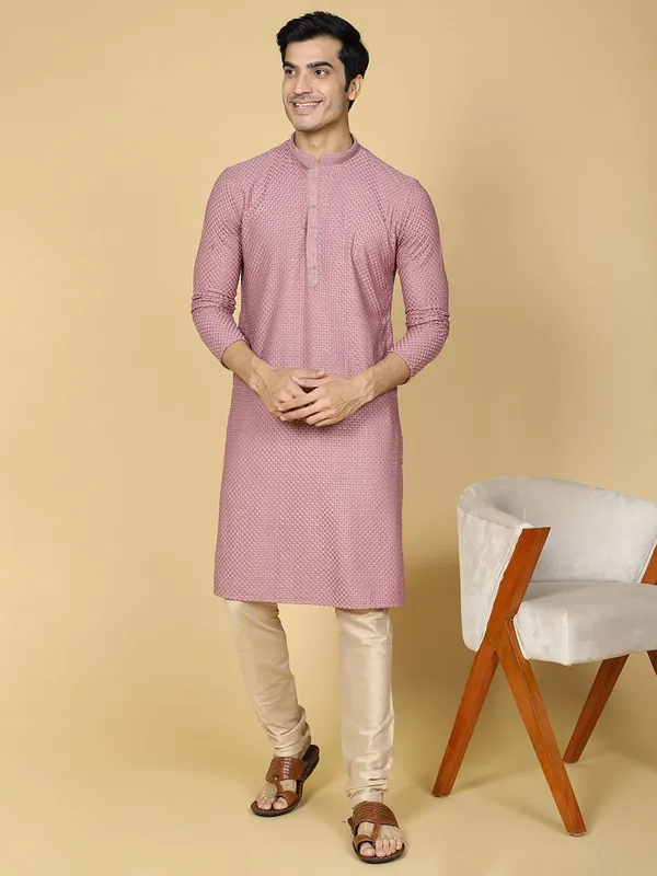 Tabard_Men_Chikan_Embroidery_Straight_Kurta_(Purple)