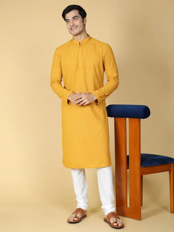 Tabard_Men_Chikan_Embroidery_Straight_Kurta_(Yellow)