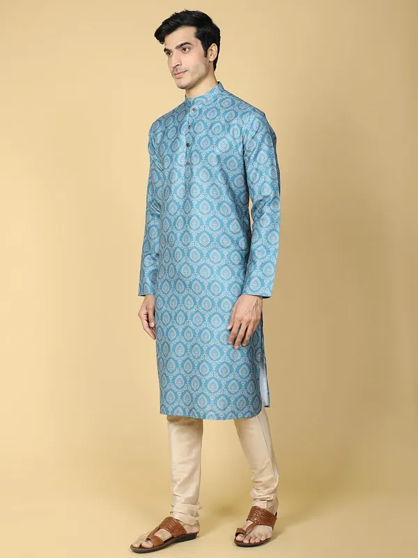 Blue_Pure_Cotton_Full_Sleeve_Regular_Fit_Printed_Blue_Ethnic_Kurta_For_Men
