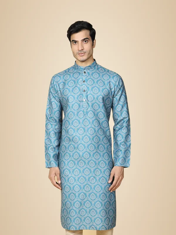 Blue_Pure_Cotton_Full_Sleeve_Regular_Fit_Printed_Blue_Ethnic_Kurta_For_Men