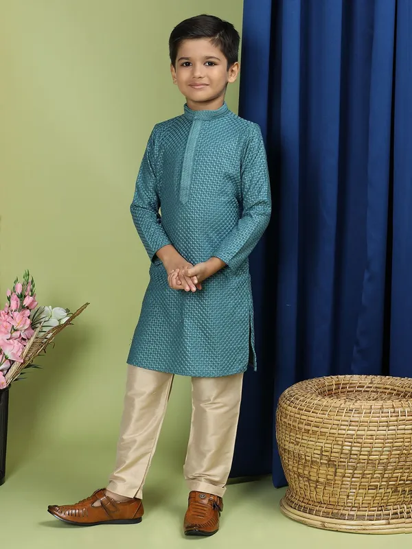 Tabard_Boys_Chikan_Embroidery_Straight_Kurta_(Green)