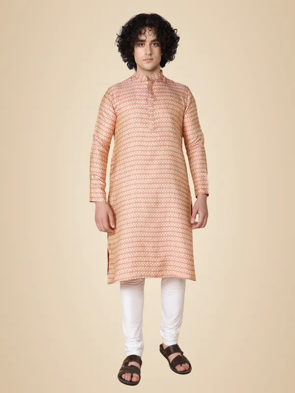 Red_Jacquard_Full_Sleeves_Regular_Jacquard_Kurta_Churidar_Set_For_Men
