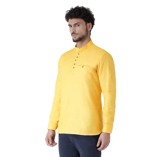 Yellow_Cotton_White_Full_Sleeve_Regular_Fit_Plain_Short_Kurta_For_Men