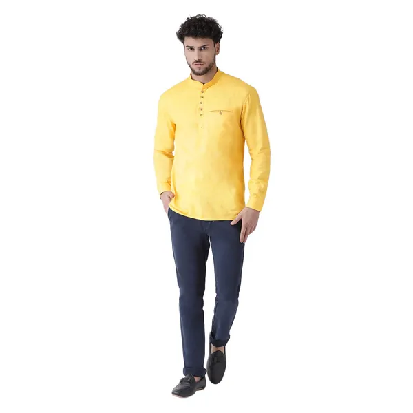 Yellow_Cotton_White_Full_Sleeve_Regular_Fit_Plain_Short_Kurta_For_Men