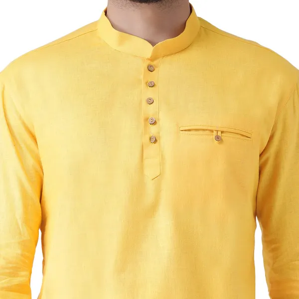 Yellow_Cotton_White_Full_Sleeve_Regular_Fit_Plain_Short_Kurta_For_Men