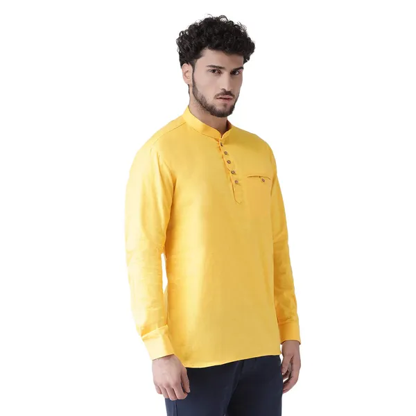 Yellow_Cotton_White_Full_Sleeve_Regular_Fit_Plain_Short_Kurta_For_Men