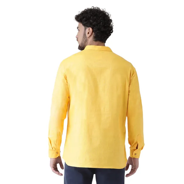 Yellow_Cotton_White_Full_Sleeve_Regular_Fit_Plain_Short_Kurta_For_Men
