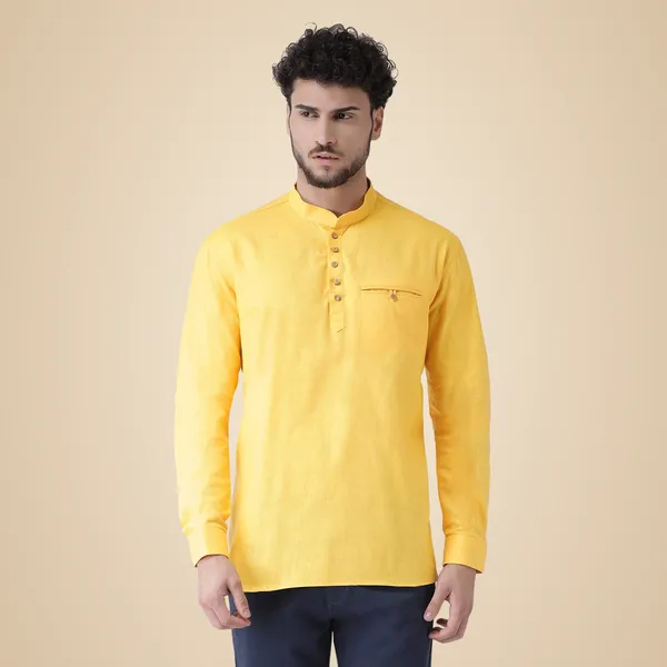 Yellow_Cotton_White_Full_Sleeve_Regular_Fit_Plain_Short_Kurta_For_Men