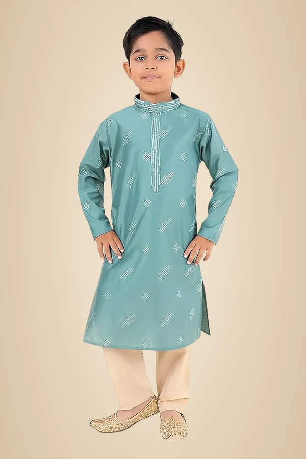 Green_Cotton_Full_Sleeves_Embroidery_Kurta_&_Churidar_Set_For_Kids