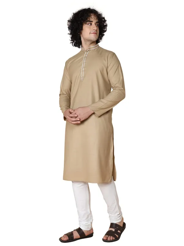 Beige_Cotton_Full_Sleeves_Regular_Plain_Kurta_Churidar_Set_For_Men