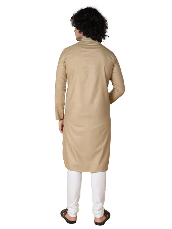 Beige_Cotton_Full_Sleeves_Regular_Plain_Kurta_Churidar_Set_For_Men