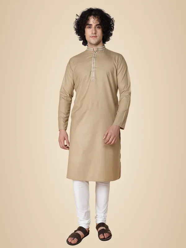 Beige_Cotton_Full_Sleeves_Regular_Plain_Kurta_Churidar_Set_For_Men