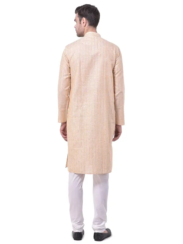 Yellow_Cotton_Linen_Full_Sleeves_Regular_Stripe_Kurta_Set_For_Men