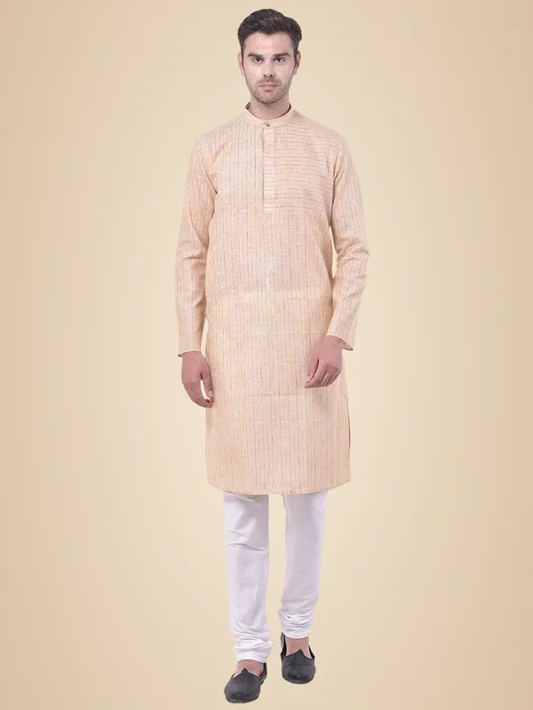 Yellow_Cotton_Linen_Full_Sleeves_Regular_Stripe_Kurta_Set_For_Men